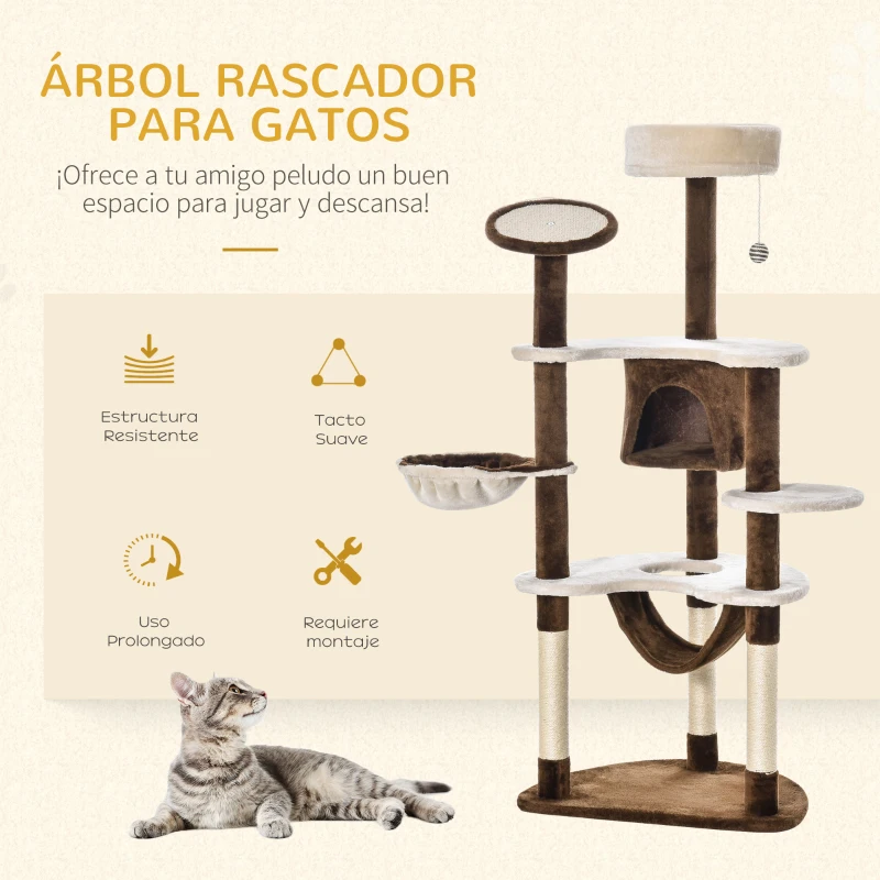 PawHut Torre para Gatos Grande 65x50x153 cm con Múltiples Plataforma Poste Hamaca Bolas de Juguete y Cueva  Marrón