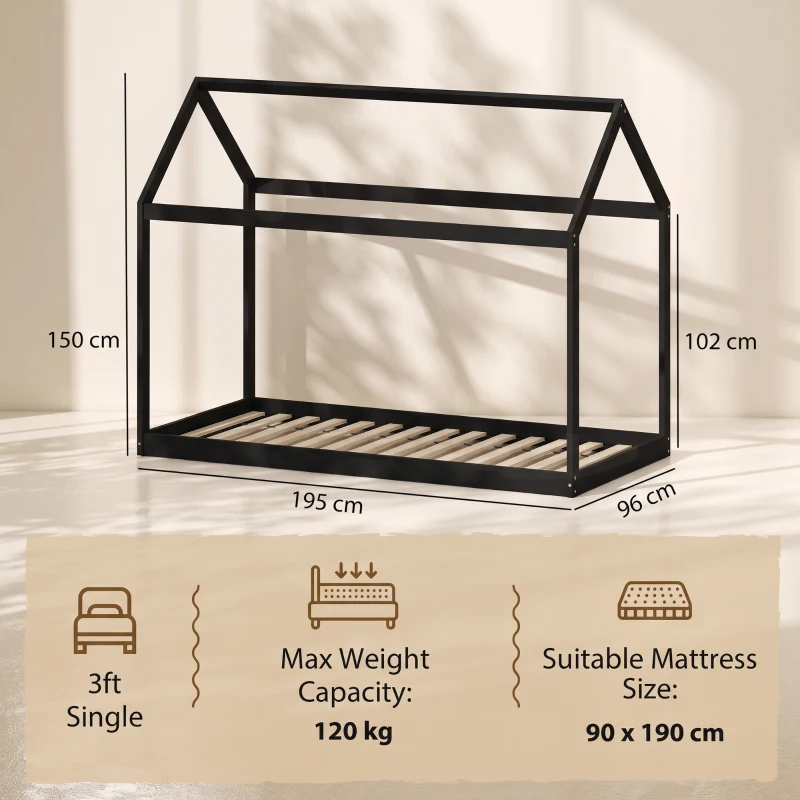 HOMCOM Single Bed Frame, House-Scandinavian-Style Wooden Bed Frame for 90W x 190D cm Mattress, Black
