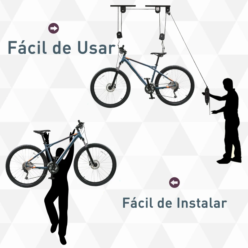HOMCOM 2 Pares de Elevador para Bicicletas en el Techo Mediante Poleas Cuerdas Ganchos con Altura Ajustable Soporte para Bici al Techo Carga 20 kg Acero Negro