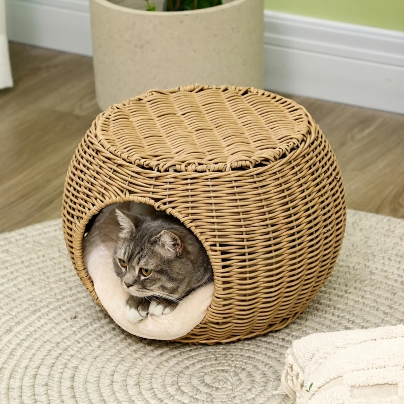 PawHut Katzenkorb Rattan zweistöckig Katzenbett Katzenkörbchen mit Kissen Vordertür  für Katze unter 3,5 kg Ø40 x 30 cm