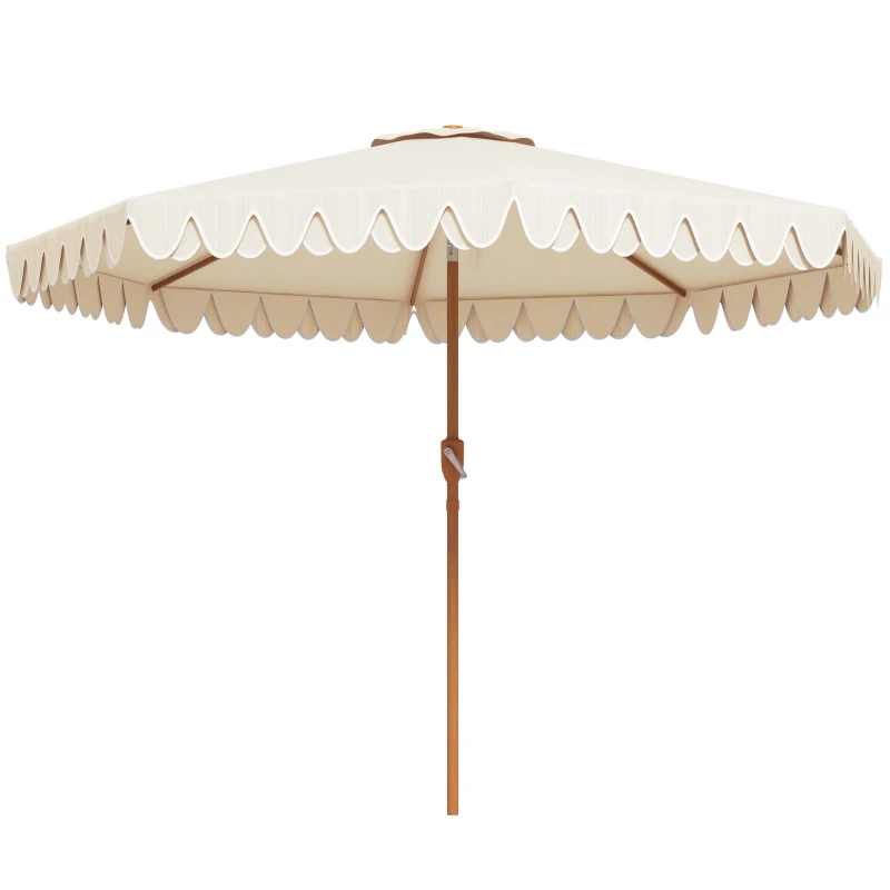 Outsunny Sombrilla de Jardín Ø264x240 cm con Ángulo Ajustable Manivela y Toldo con Volantes Decorativos para Patio Terraza Crema