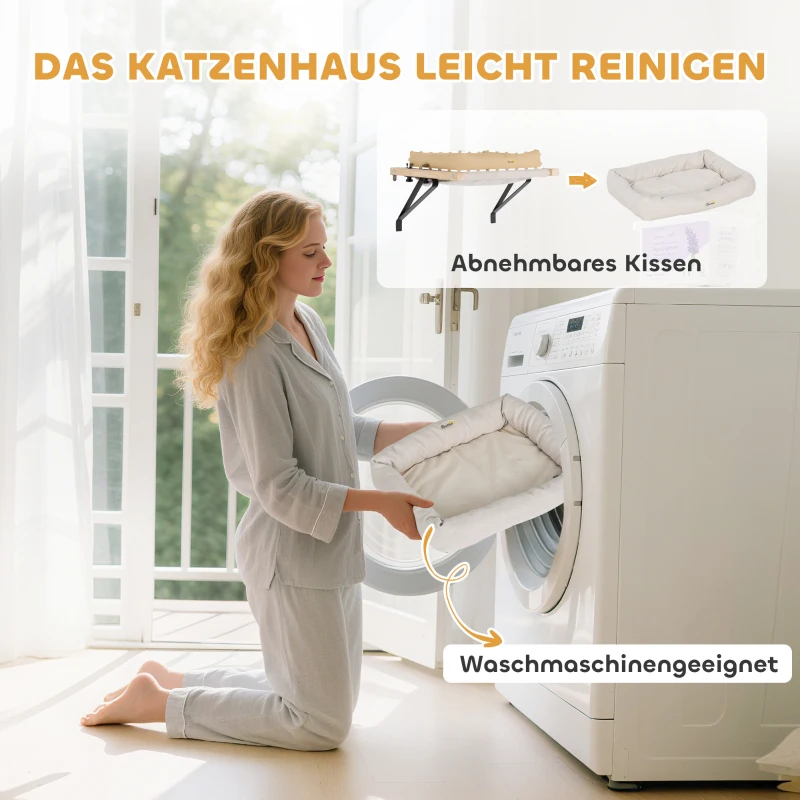 PawHut Kattenhuis met beugel voor vensterbanken en radiatoren, kussen, houten frame, wit