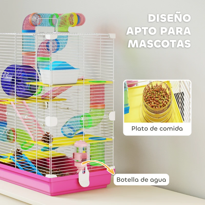 PawHut Jaula de Hámster con Túnel Plataformas Cuenco Bebedero Casita Rampas y Rueda de Ejercicio 46x30x58 cm Rosa