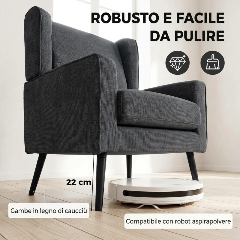 HOMCOM Poltrona da Camera in Ciniglia con Gambe in Legno di Caucciù, Grigio Scuro