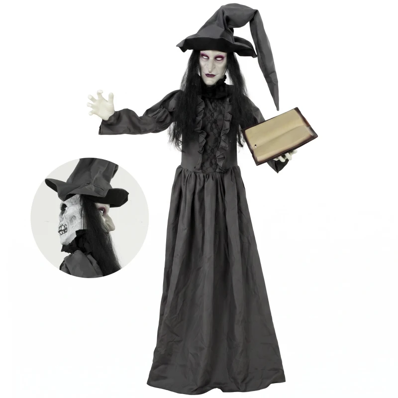 HOMCOM 180 cm Halloween Animierte Hexe Dekoration Lebensgroß mit leuchtenden Augen, Gruseliger Sound, Berührungsaktivierung