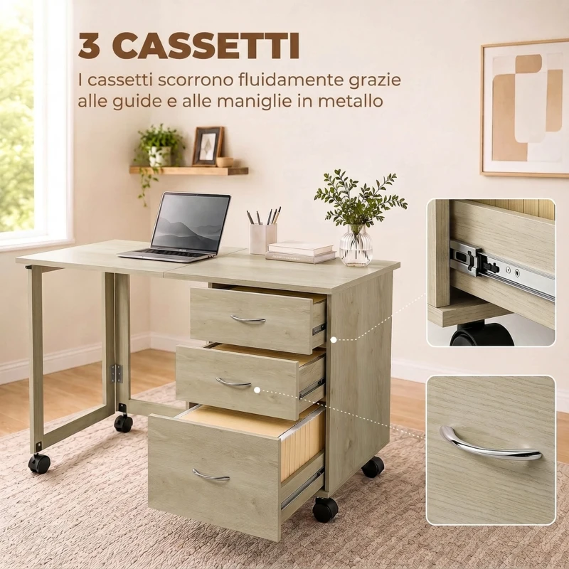 HOMCOM Scrivania da Ufficio Pieghevole con 3 Cassetti e 4 Ruote con Freno, Rovere