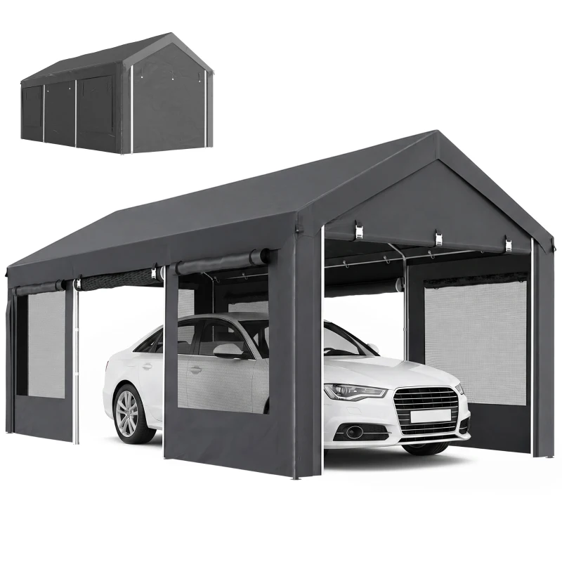 Outsunny Pavilion Auto și pentru Petreceri cu Înălțime Reglabilă, 4 Uși și 4 Fereastre, 6x3m Gri Închis