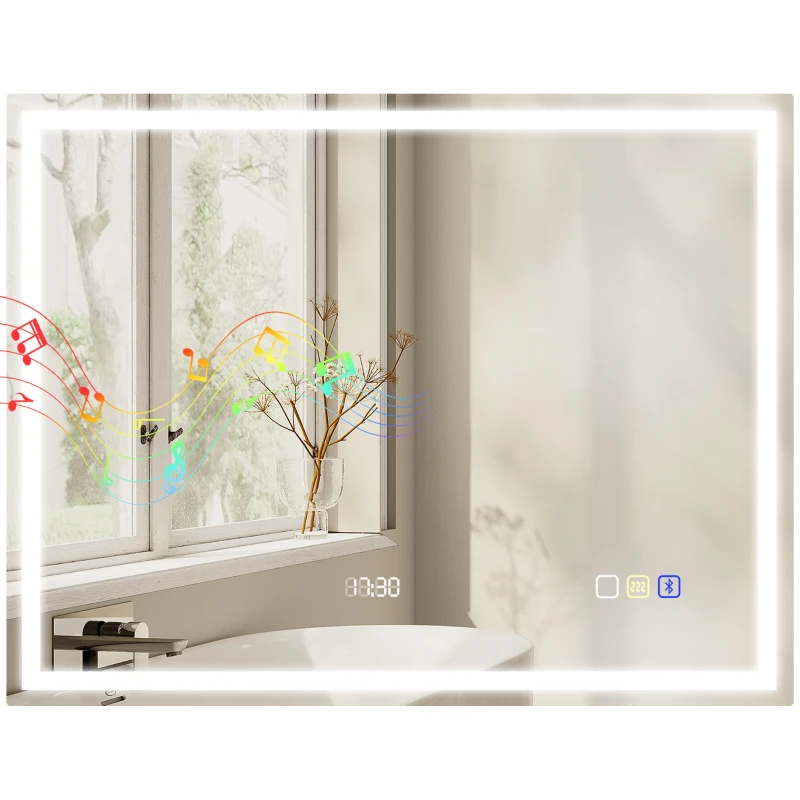 HOMCOM Miroir salle de bain LED bluetooth 90 x 70 cm interrupteur tactile lumière réglable 3 couleurs anti-buée mémoire argent