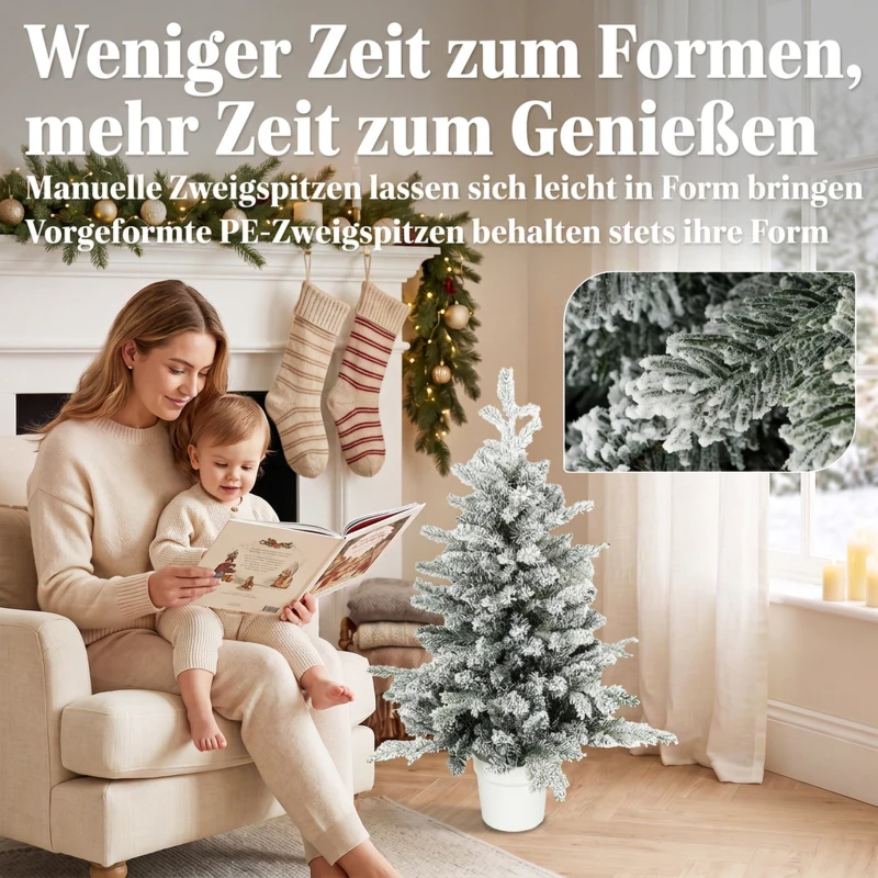 HOMCOM Mini kerstboom 90 cm met 296 takpunten, sneeuweffect en witte pot - tafelkerstboom voor thuis en kantoor, wit