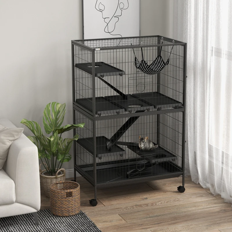 PawHut Jaula para Animales Pequeños con Ruedas Rampas Hamaca y Bandeja Extraíble para Chinchillas Hurones 80x52x128 cm Gris
