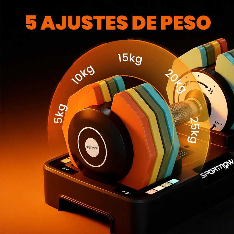 SPORTNOW Mancuerna Ajustable 5 en 1 de 5 a 25 kg con Base de Almacenamiento y Mango Antideslizante para Casa Gimnasio Multicolor