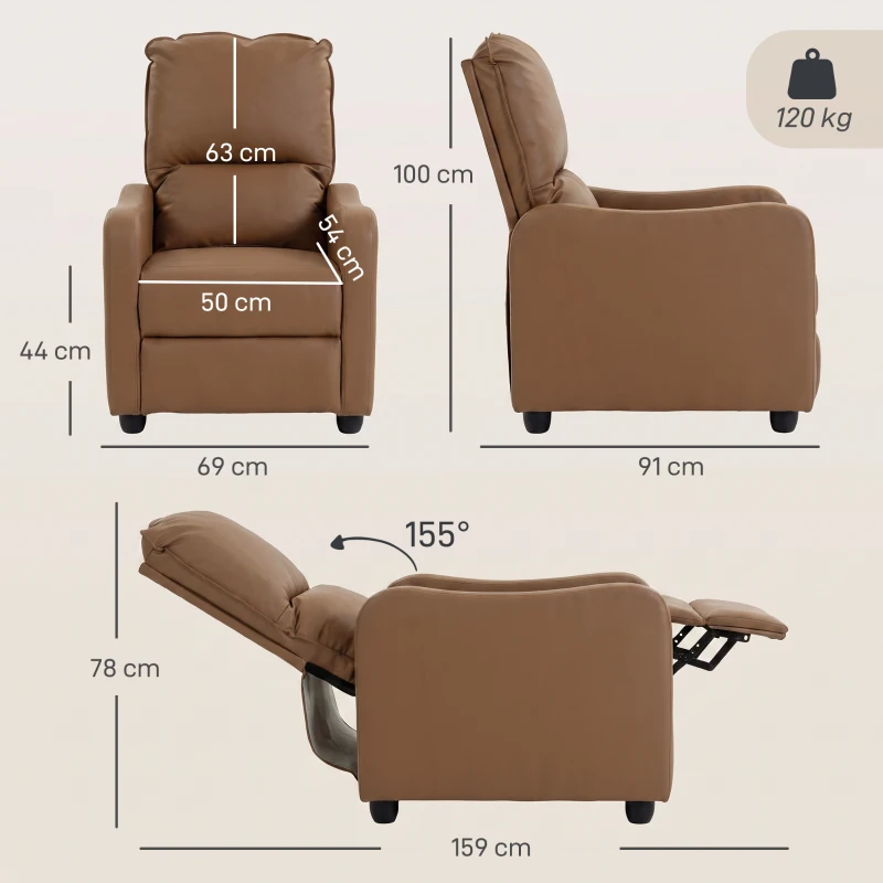 HOMCOM Poltrona Relax Reclinável Manual 155° com Pousa-pés, em PU, para Sala e Quarto, Castanho escuro