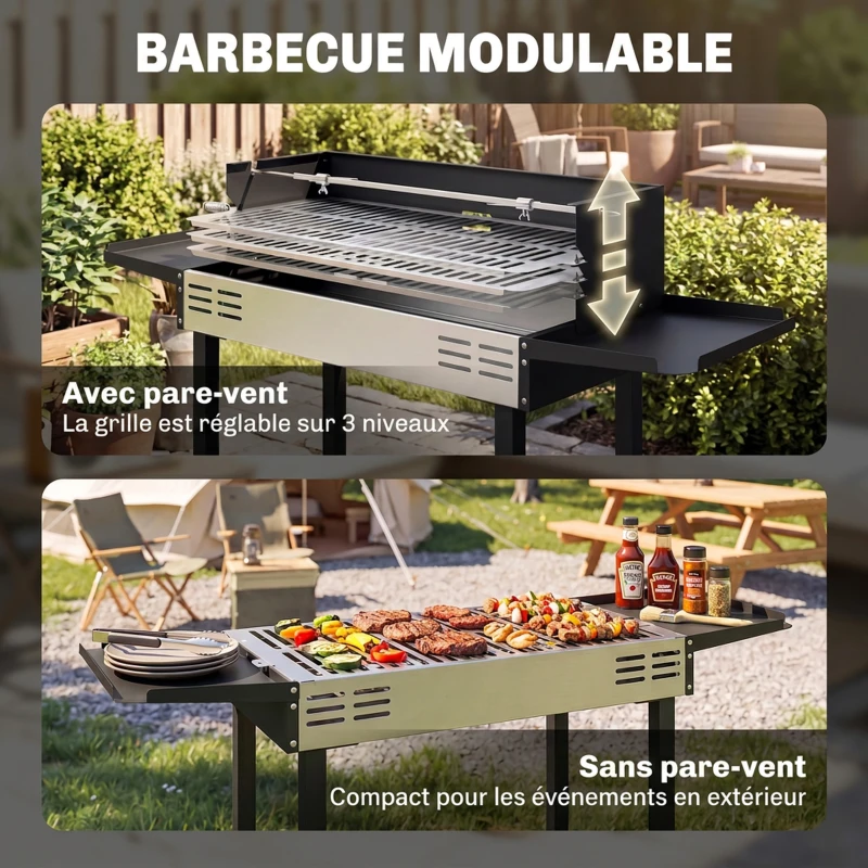 Outsunny Barbecue charbon de bois BBQ avec grille de gril à 3 niveaux et étagères latérales pliables, 118 x 32 x 90 cm, noir