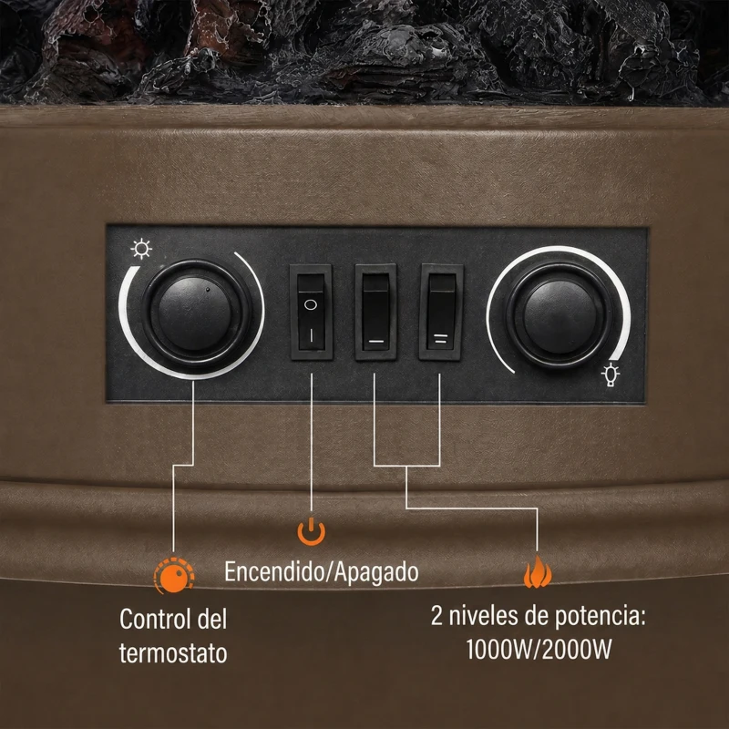 HOMCOM Chimenea Eléctrica 1000/2000 W con Efecto Llama 3 Vistas Termostato y Brillo Regulable Marrón