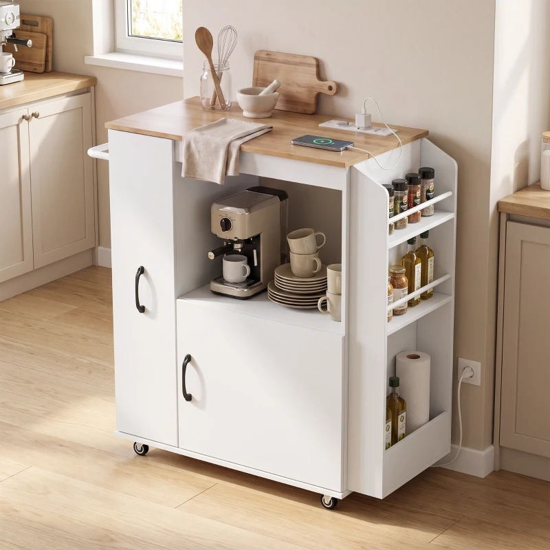 HOMCOM Carrello da Cucina con Presa di Corrente, Portaspezie e Armadietto, 80x40x88 cm, Bianco