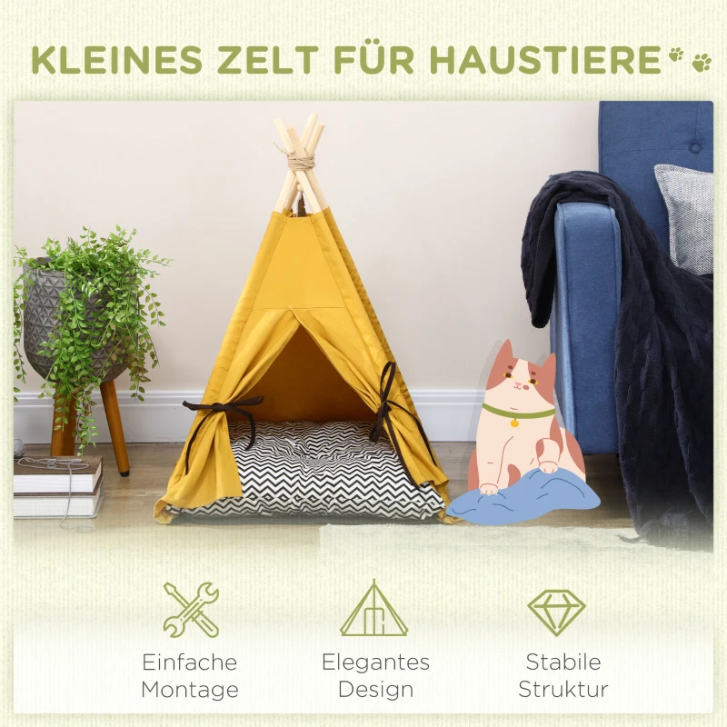 PawHut Kattengrot Kattentent Huisdierbed Tipi Design Kattenhuis Geel