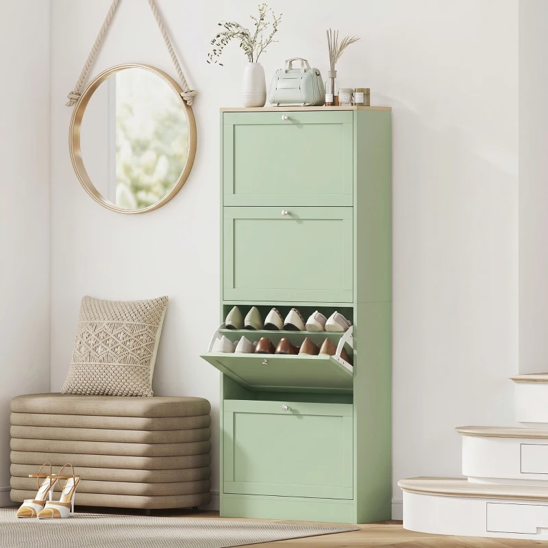 HOMCOM Dulap pentru încălțăminte 24 perechi, dulap cu 4 sertare rabatabile, polițe reglabile, 60x23,5x153cm, verde