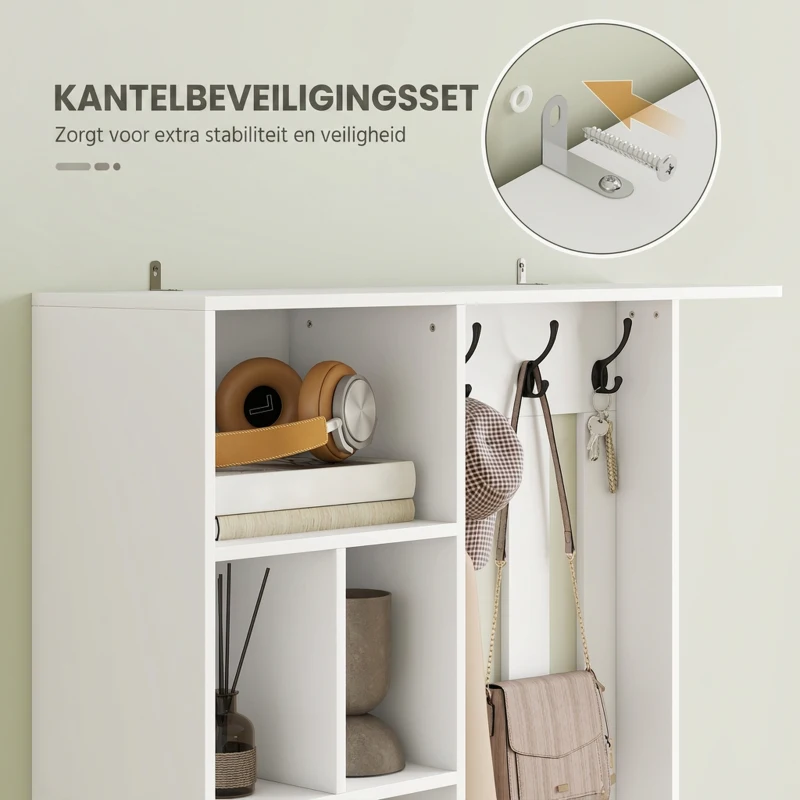 HOMCOM 180 cm garderobekast met kapstok, schoenenbank, 4 haken, open opbergplanken, MDF, wit(m-7)