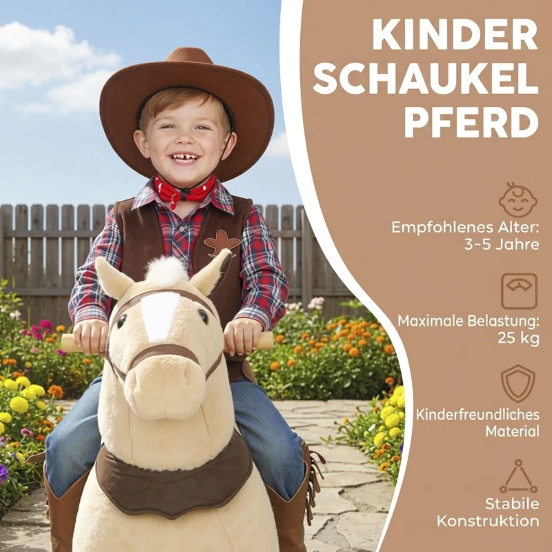 AIYAPLAY Reitpferd für Kinder, Stoffbezug, stabiler Rahmen, sanfte Räder, Schaukelpferd, 3-5 Jahre, Braun