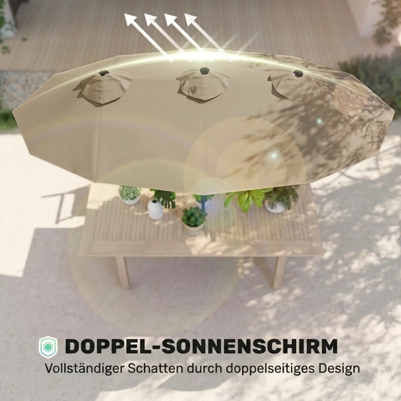 Outsunny parasol, tuinparasol, kantelbaar, met handslinger, windkap, polyester+staal, kaki, 285 x 147 cm