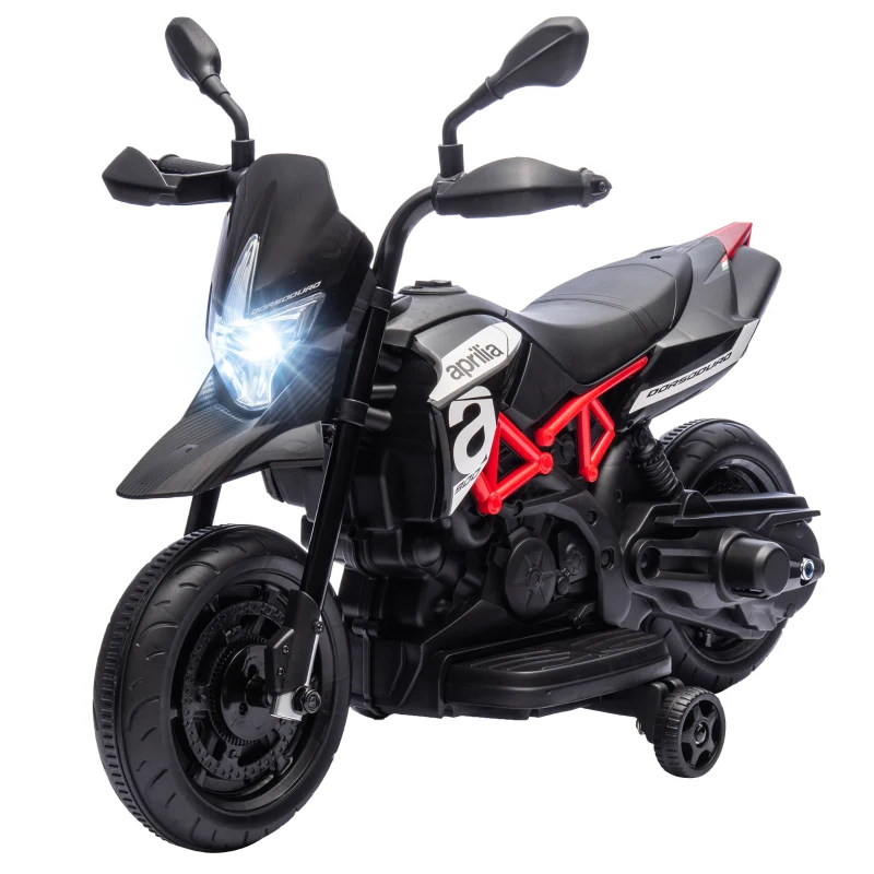 AIYAPLAY 6V Kids Electric Motorbike with Training Wheels, Headlight, Music, Horn for 80-110 cm Height, 18 Months-4 Years, Black