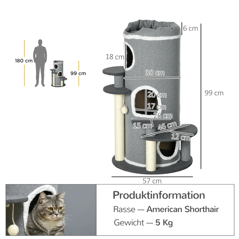 PawHut Kattenkrabpaal Krabton, 2 Kattenholen, 4 Ligplekken, 4 Krabpalen, 57 x 57 x 99 cm, Grijs + Wit