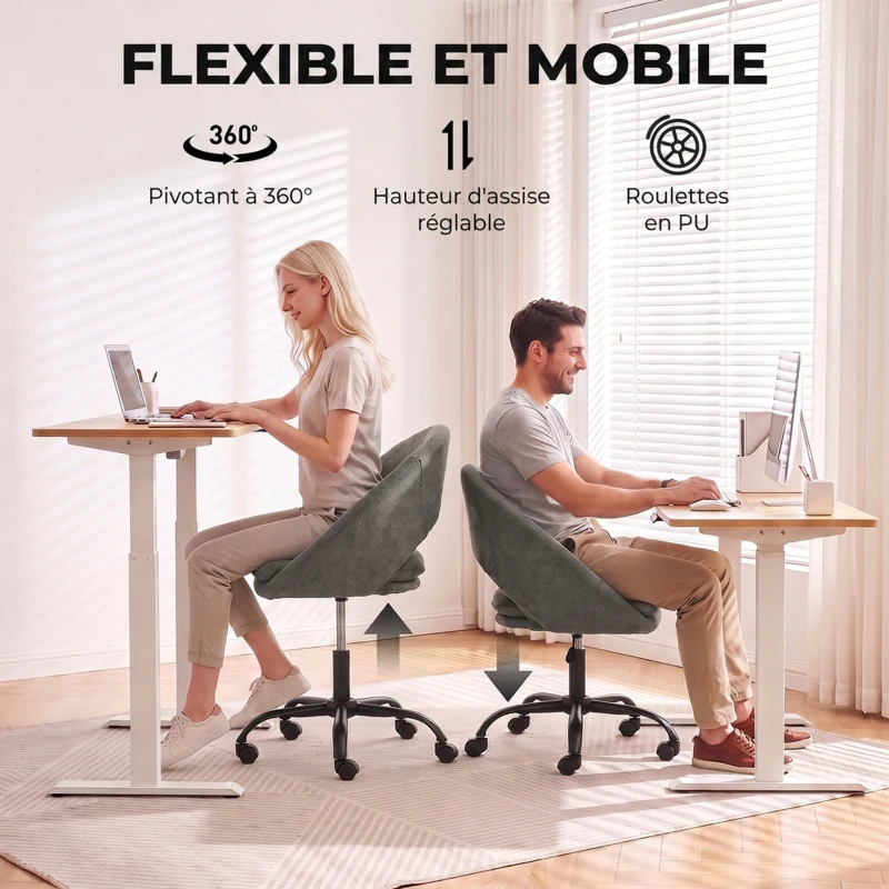 HOMCOM Chaise Bureau Ergonomique en Chenille, Hauteur Réglable, Accoudoirs Intégrés, Pivotant 360°, 59x60x79-89cm, Vert Foncé