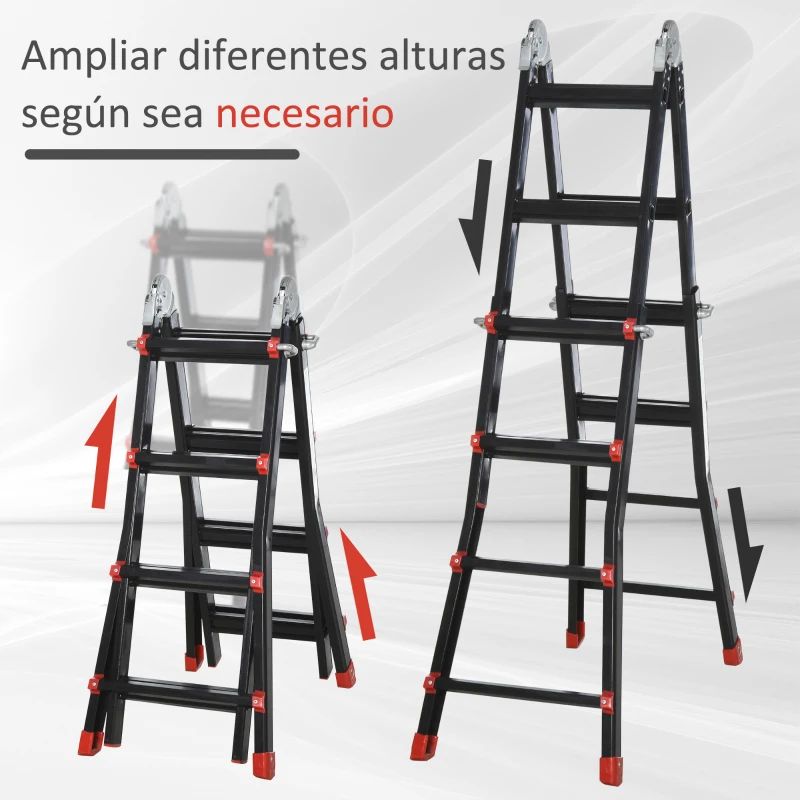 HOMCOM Escalera Telescópica de Aluminio 4 m Escalera Extensible Plegable con 8 Peldaños Ajustables y 2 Formas Carga 150 kg