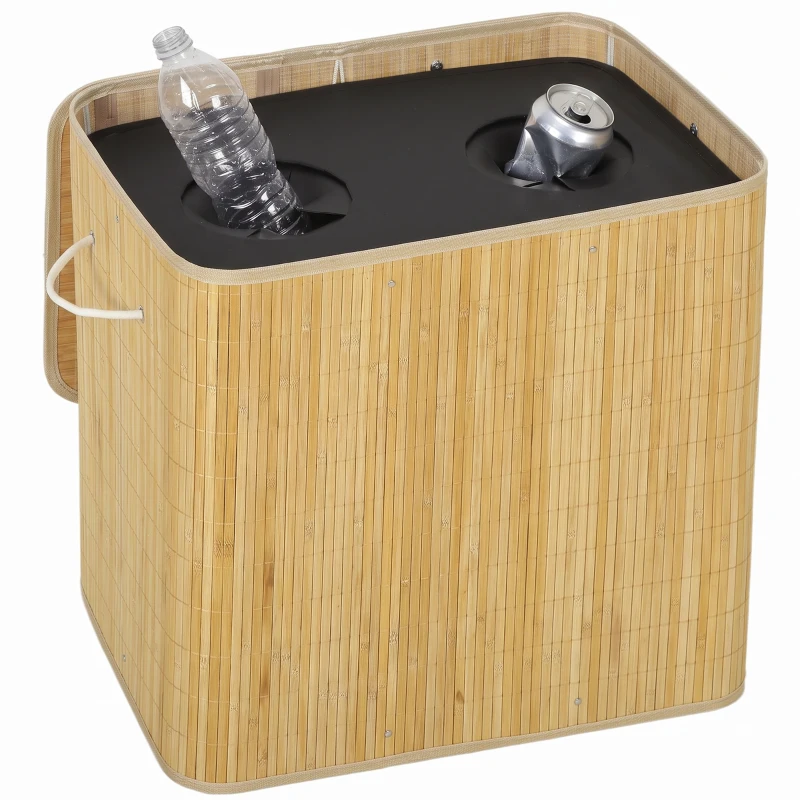 HOMCOM Pfandflaschen Sammelbehälter mit Deckel 150L, Bambus Pfandflaschen Organizer mit Zwei Tasche für Küche