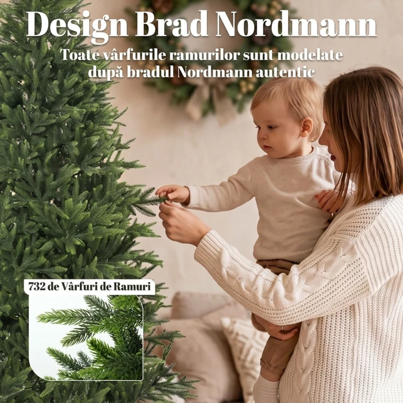 HOMCOM Brad artificial de Crăciun 180 cm, aspect realist și bogat, 732 ramuri din PE ignifug, bază pliabilă din lemn, verde