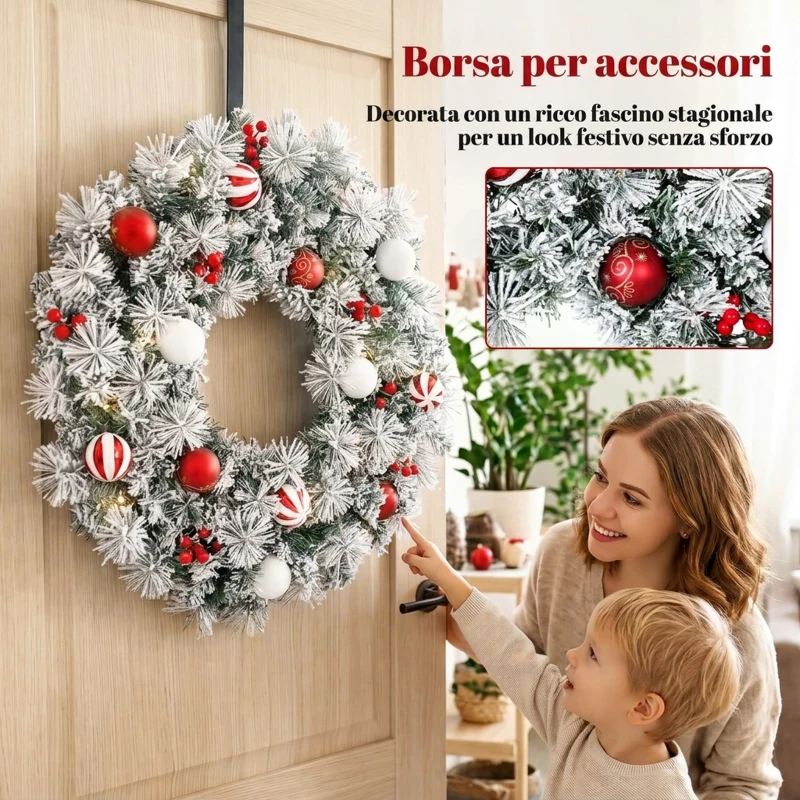 HOMCOM Ghirlanda Natalizia Innevata da 60 cm con Luci LED 8 Modalità, 140 Rami, 8 Bacche e 15 Palline Decorative, Verde