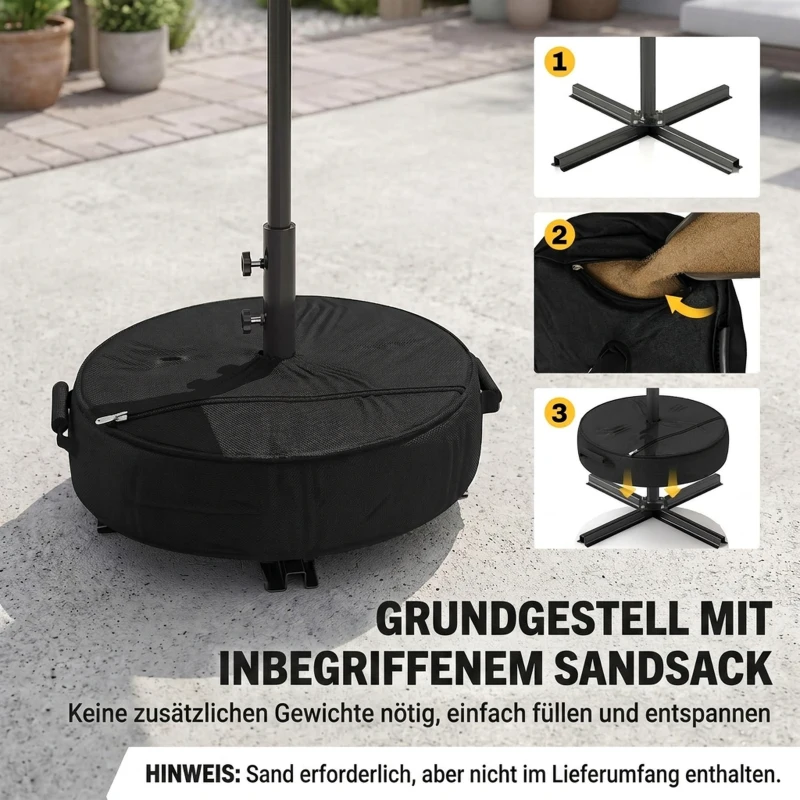 Outsunny Parasol Ø300 cm Neigbaar Balkonparasol met Slinger, Kruisvoet en Zandzak, UV 30+, Intrekbaar, Donkergrijs