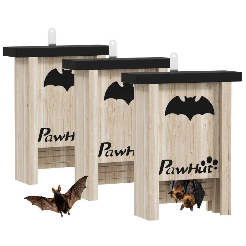 PawHut Set van 3 vleermuizenkasten, vleermuizenhuisjes voor tuinen, boomgaarden, boerderijen, eenvoudig op te hangen, 18 x 6 x 22,5 cm(m-11)