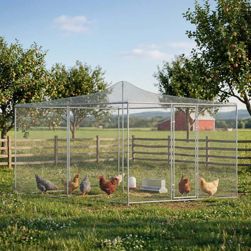 PawHut Gallinero para Exterior Grande 4x3x1,97 m 12 m² Gallinero de Acero Galvanizado con Puerta con Doble Cierre Plata