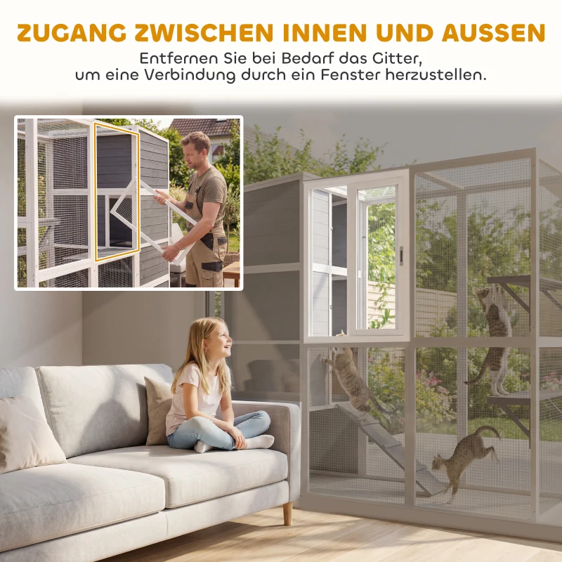 PawHut Buitenkattenren houten kattenhuis met 3 platformen, weerbestendig dak, rustgedeelte voor 3-4 katten tot 10 kg Grijs