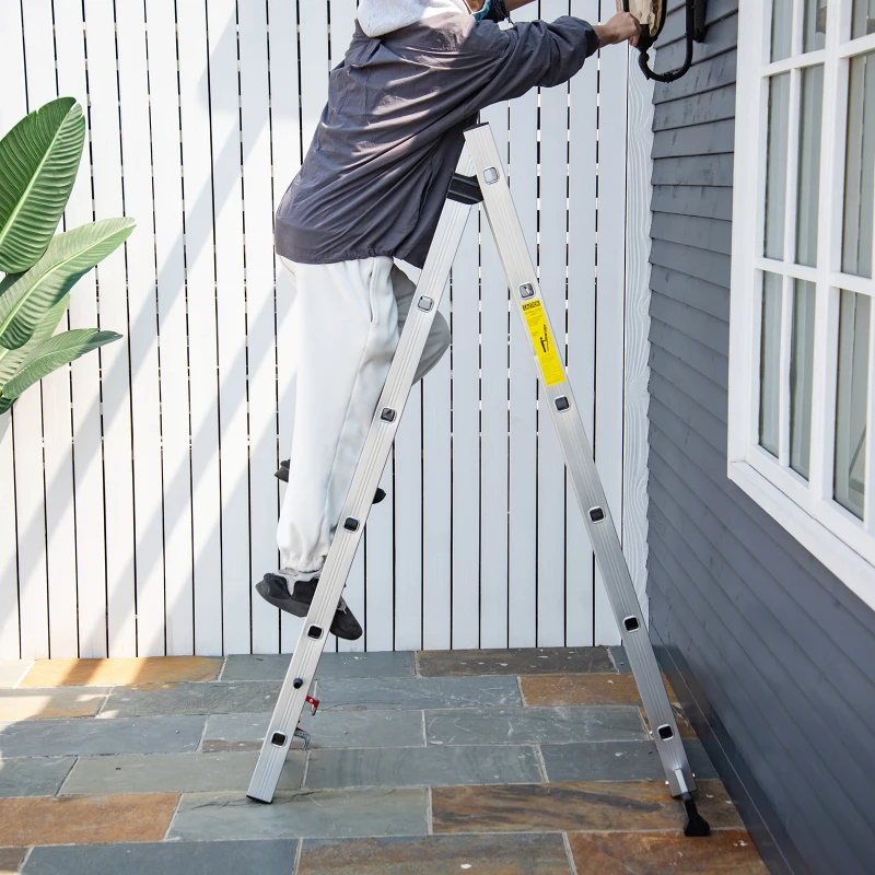 HOMCOM Escalera Aluminio Triangular de Tijera Plegable Portátil 2 Formas de Uso Pie Antideslizante Altura 160-249 cm Plata
