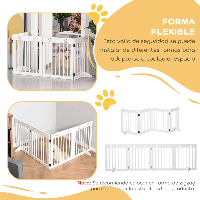 PawHut Barrera para Perros Plegable de 4 Paneles 204x61 cm Barrera de Seguridad para Perros Pequeños con Estructura de Madera y Patas de Apoyo para Pasillo Escalera Blanco