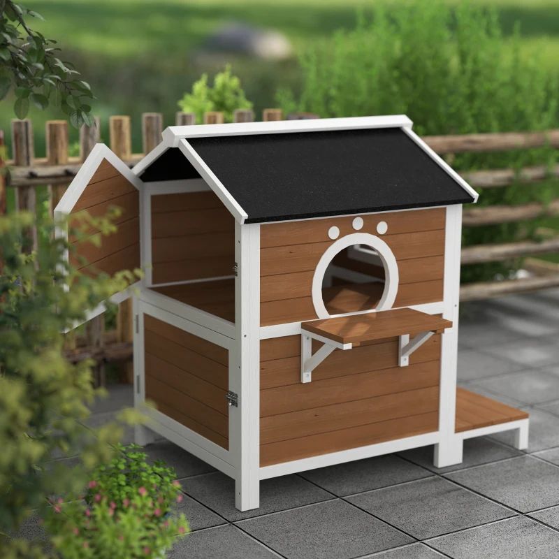 PawHut Buitenkattenhuis met Weerbestendig Dak, Venster, Balkon, 2 Niveaus, Verwijderbare Bodem, voor 1-2 Katten, Bruin