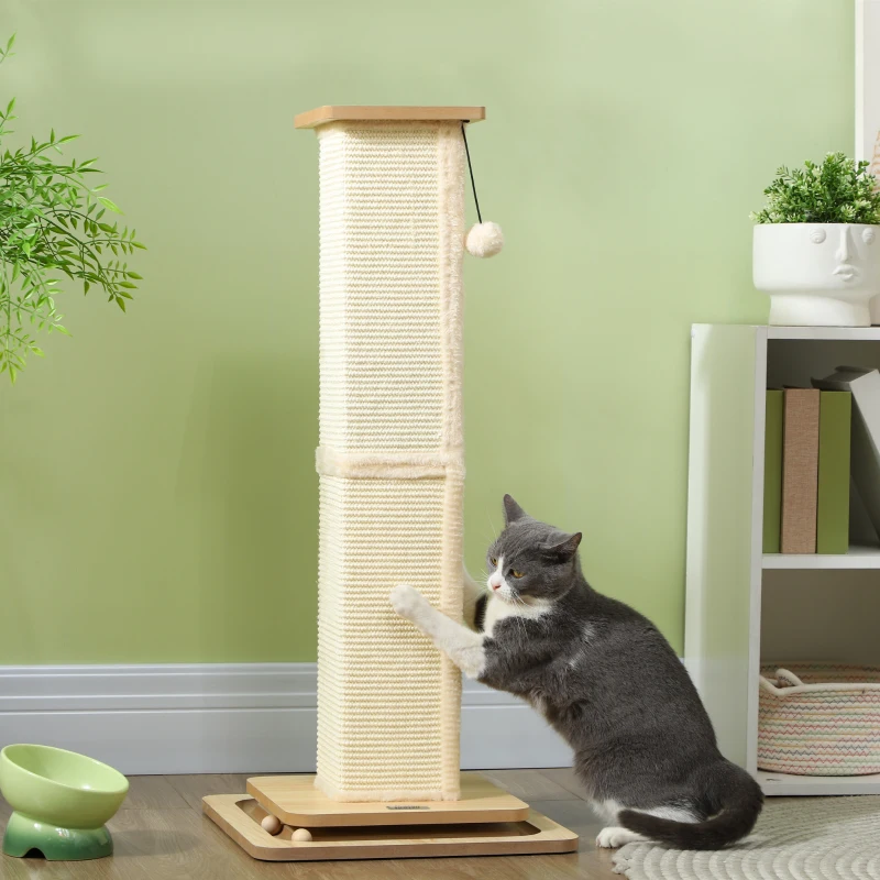 PawHut 3-in-1 Krabpaal met Speelrail, Speelbal, Sisal, tot 10 kg, 39,5 x 39,5 x 87 cm, Eiken/Crème