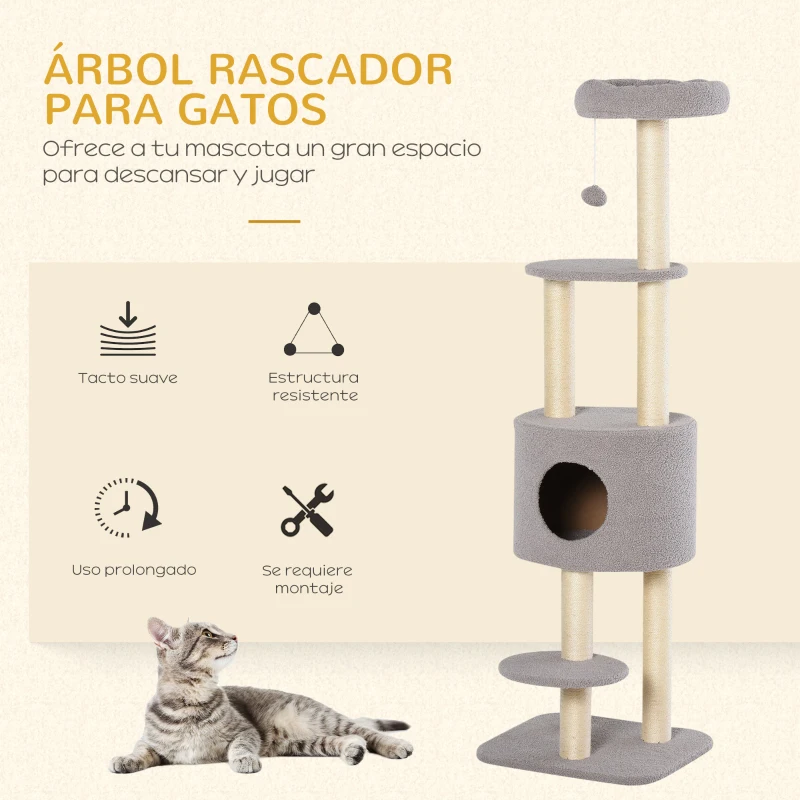 PawHut Árbol Rascador para Gatos Altura 148 cm Árbol para Gatos con Postes de Sisal Plataformas Casa y Bola Colgante Gris