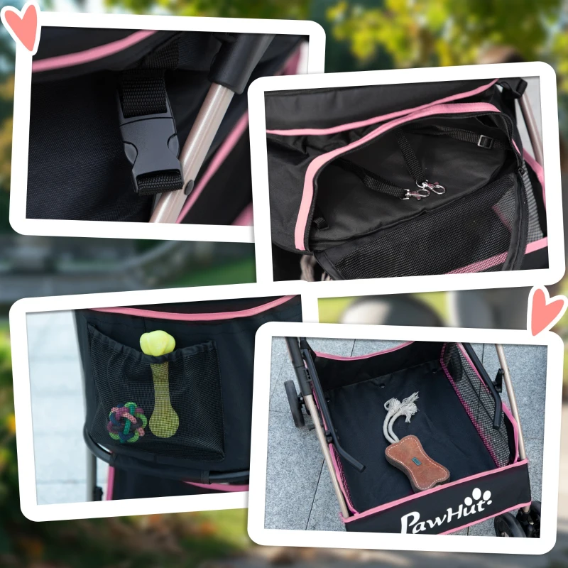 PawHut Carrito para Perros Pequeños 3 en 1 con Vagón Desmontable Cesta de Almacenaje Correas de Seguridad y Cojín Rosa