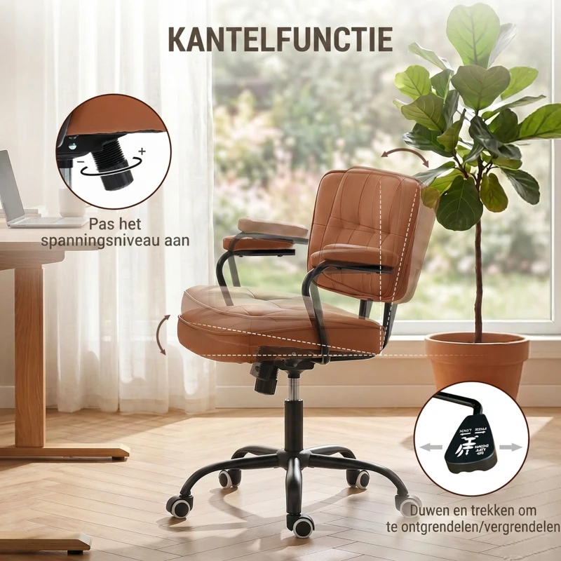 Vinsetto bureaustoel met wielen, draaistoel, bureaustoel, tuimelfunctie, bruin