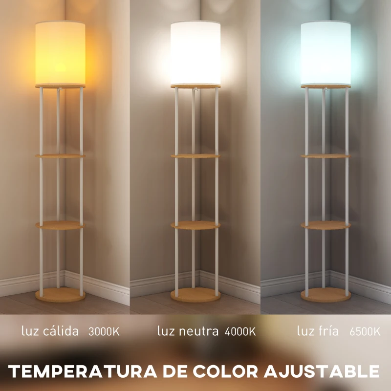 HOMCOM Lámpara de Pie con Estantes con 3 Temperaturas de Color Control Remoto para Salón Dormitorio Oficina Natural