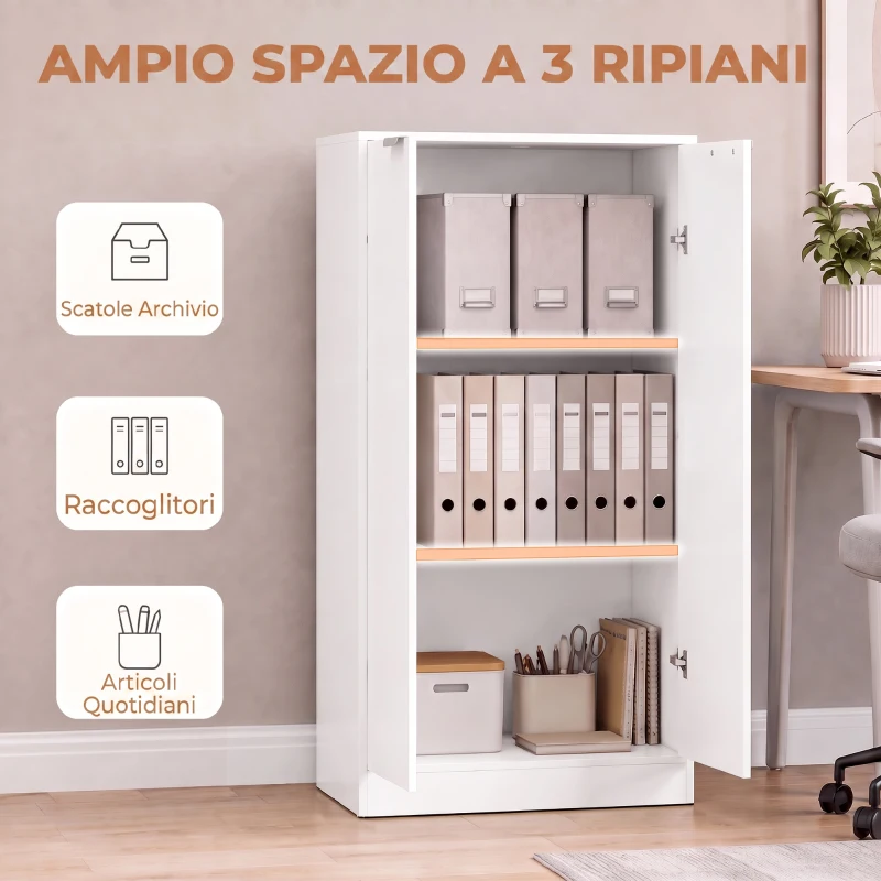 HOMCOM Mobiletto da Ufficio con 3 Ripiani e 2 Ante, 60x33.5x108 cm, Bianco