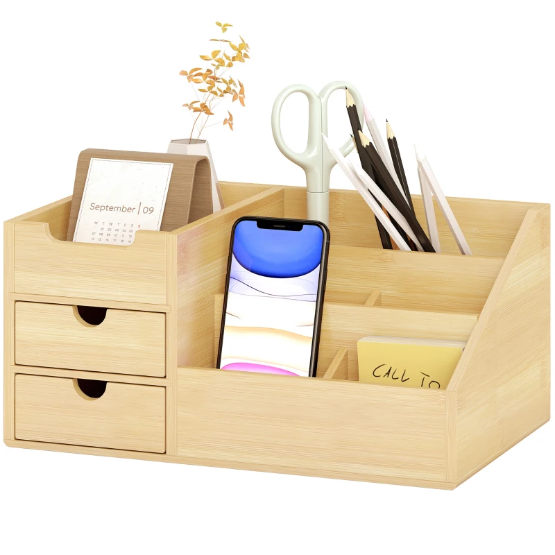 HOMCOM Schreibtischorganizer aus Bambus Aufbewahrungsbox mit Schublade - Stiftebox Büro Box Organisation Stiftehalter für Schreibtisch, Büro Natur 33 x 20,5 x 15,5 cm