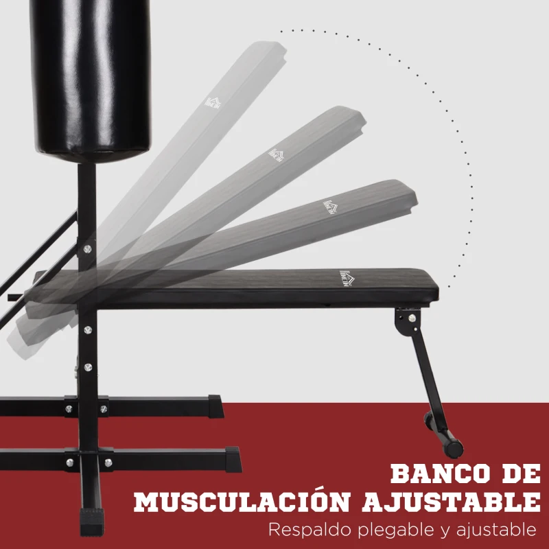 HOMCOM Estación de Musculación con Saco de Boxeo 20 kg Barra de Dominadas y Banco de Pesas Plegable 180x183x219 cm Negro