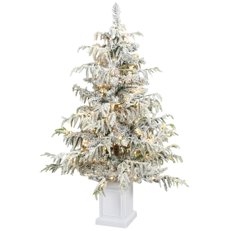 HOMCOM 4ft Prelit Flocked Christmas Tree, Artificial Snow Flocked Spruce with 160 Warm White LED Lights, 8 Modes, Green