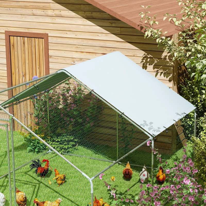 PawHut Kippenverblijf, groot metalen kippenverblijf met water- en UV-bestendige afdekking, kooi voor 10-15 kippen, 3 x 3,4 x 1,9 m