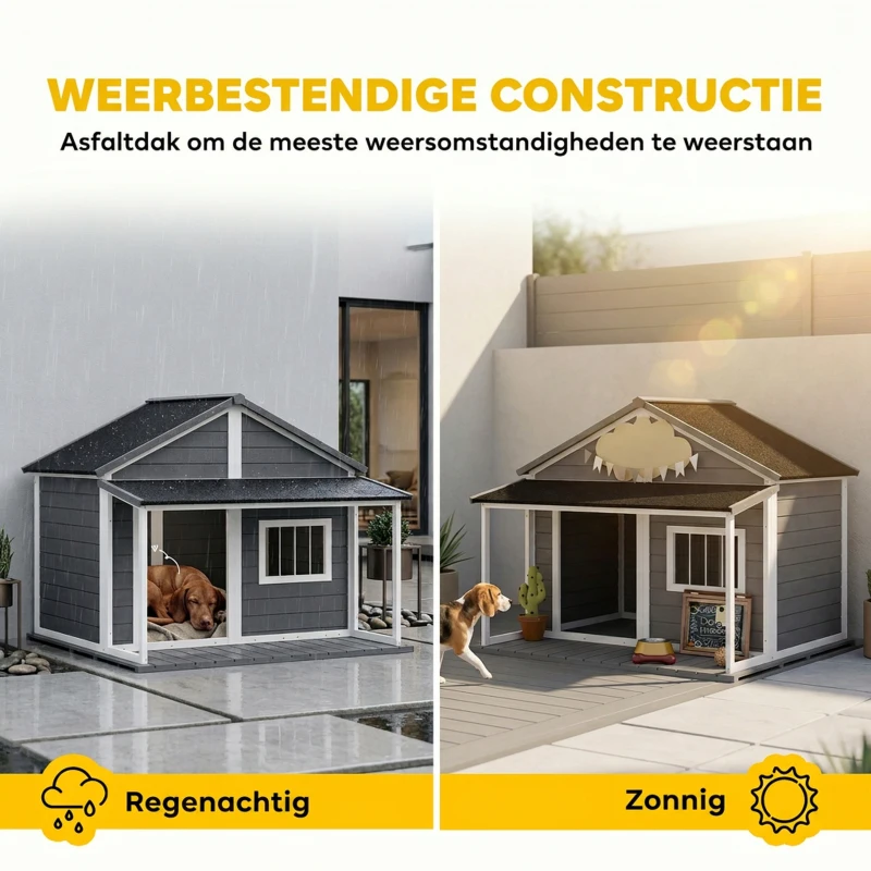 PawHut Hondenhok voor buiten - Inclusief veranda - Weerbestendig - 124 cm x 112 cm x 105 cm - Grijs + Wit(m-5)