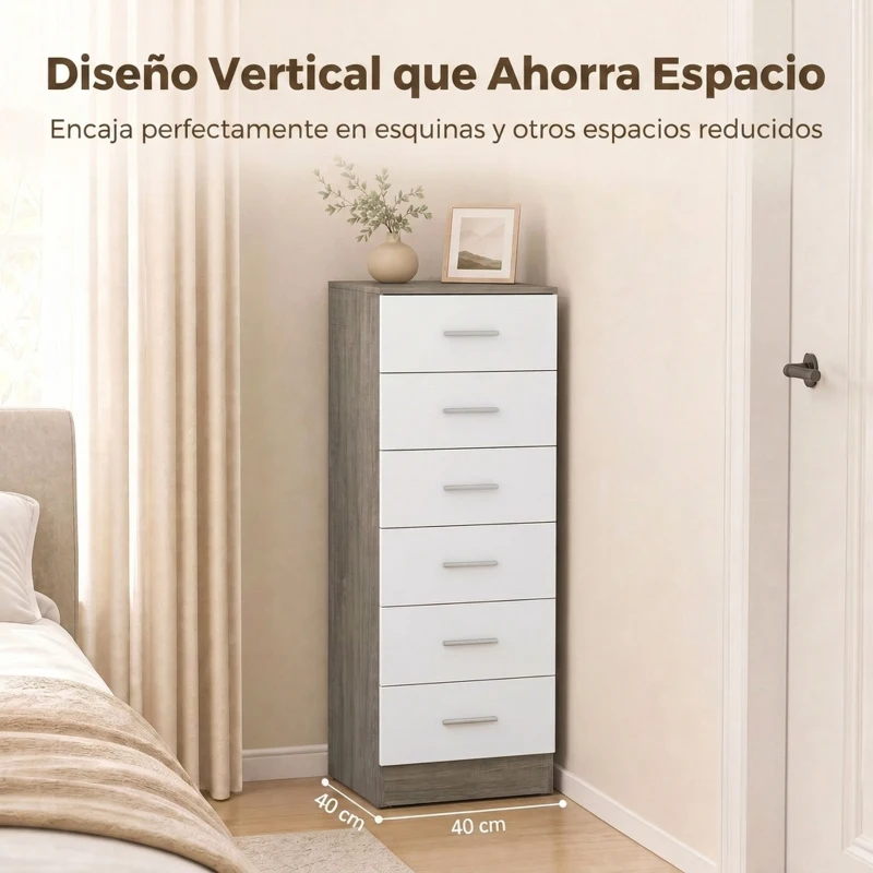HOMCOM Cómoda de 6 Cajones Cajonera Alta para Dormitorio con Antivuelco 40x40x110 cm Gris Claro y Blanco
